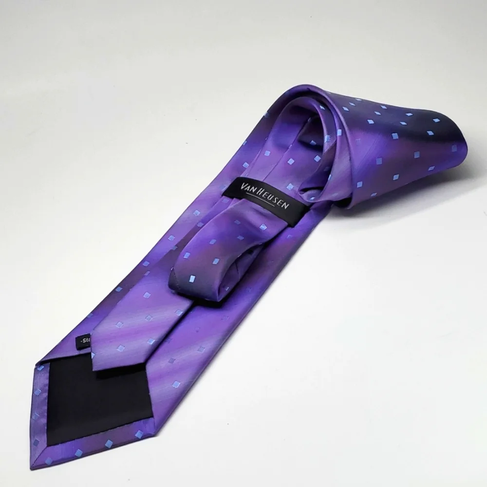 VAN HUESEN Light Blue Squares on Purple Vertical Lines Silk Tie EUC